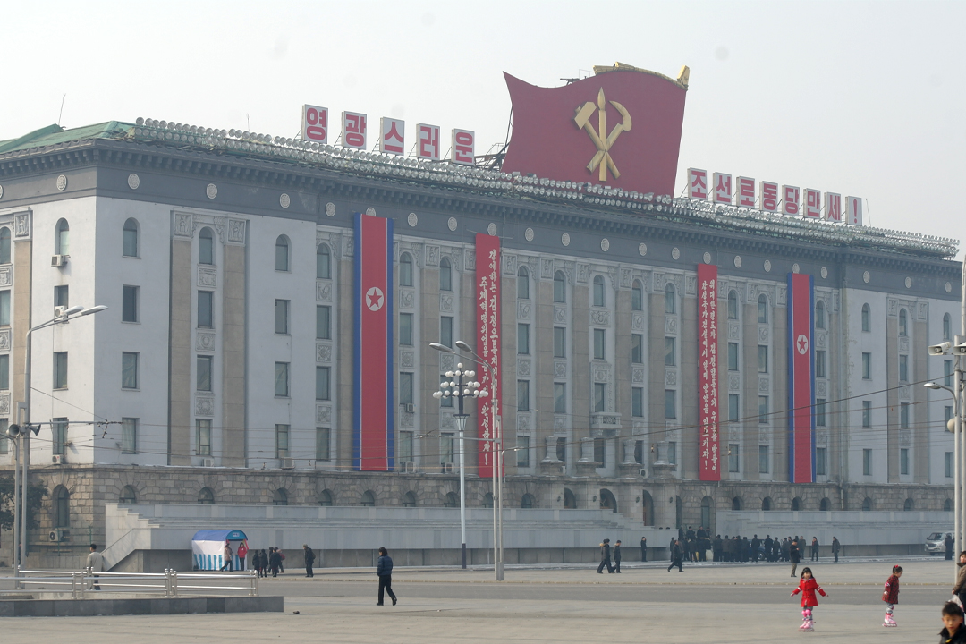 north korea flags along most administrative building